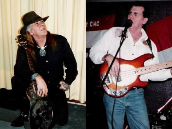 Left photo: Tony Malo kneels in a rare, thoughtful moment, his guitar ready to continue the performance. Right photo: Tony Malo on stage, playing guitar and expressing his musical talent with intensity.